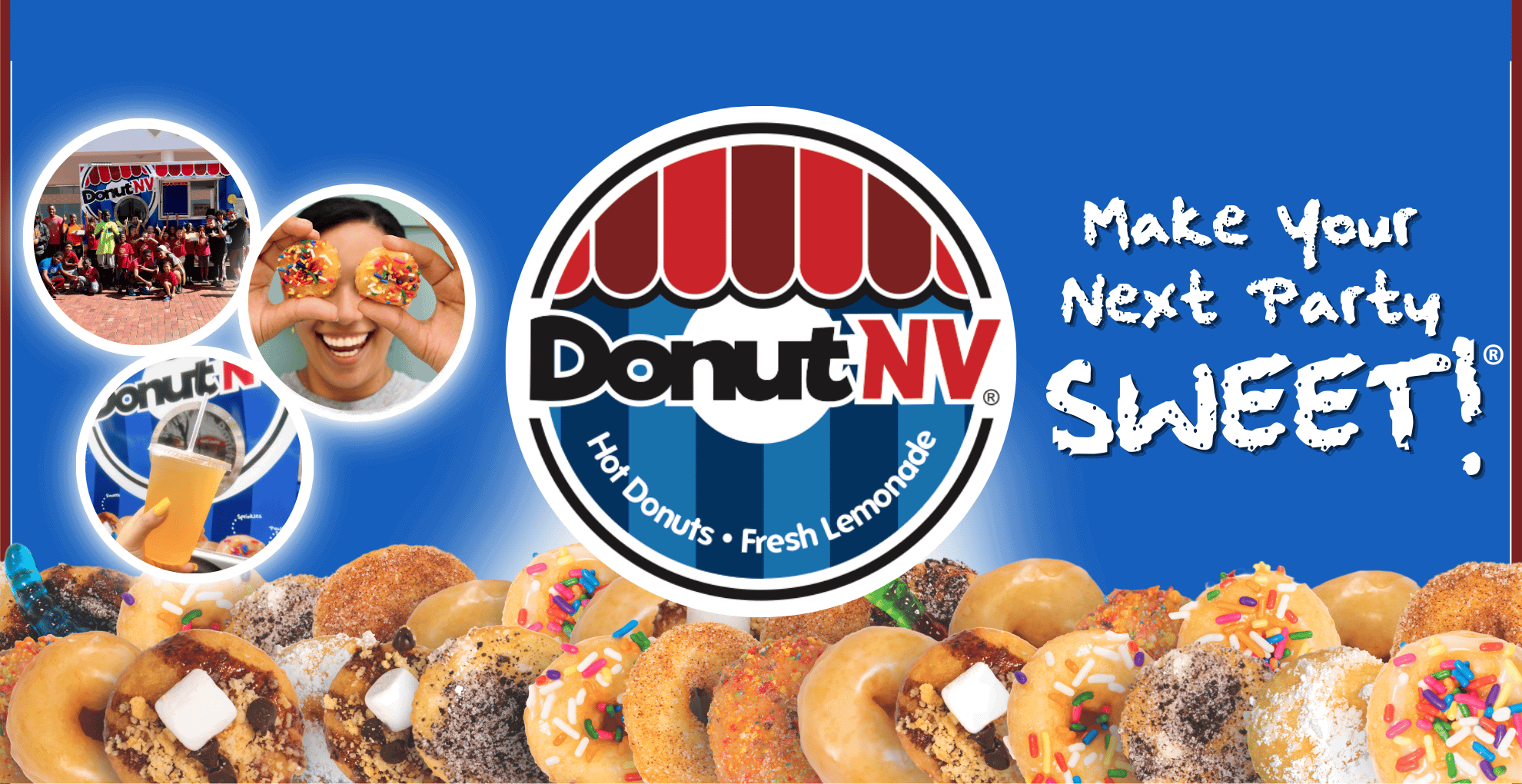 Sitewide banner featuring DonutNV treats and text that says make your next party sweet!