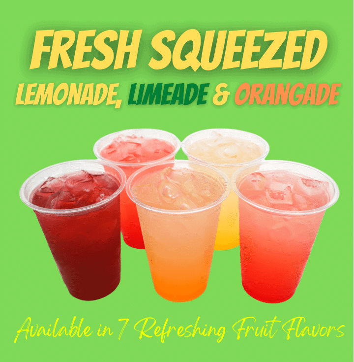 An assortment of cups displaying DonutNV's flavored, fresh-squeezed lemonade selections.